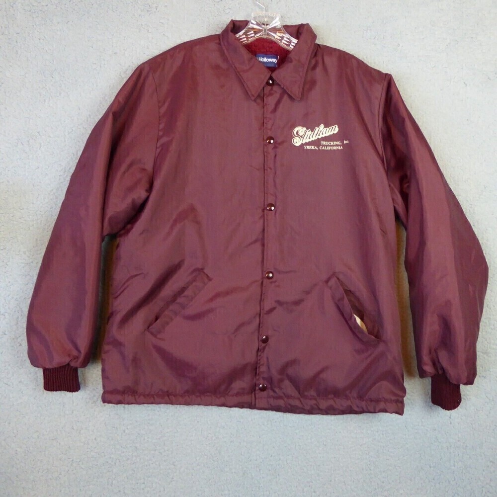 Vintage Holloway Trucker Jacket Mens Large Red Snap Nylon Stidham Trucking Lined